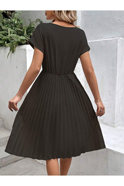 ALPACO Γυναικείο κοντομάνικο φόρεμα με ανοιχτό γιακά, ελαστική μέση, πλισέ κοντό εισαγόμενο φόρεμα από κρεπ -ΣΥΛΛΟΓΗ