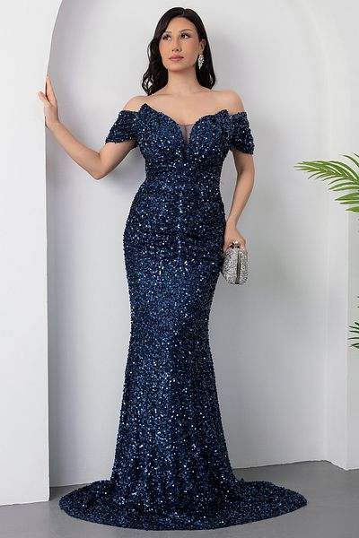 PULLIMM Strapless Off Shoulder Sequin Dress Ecr5530