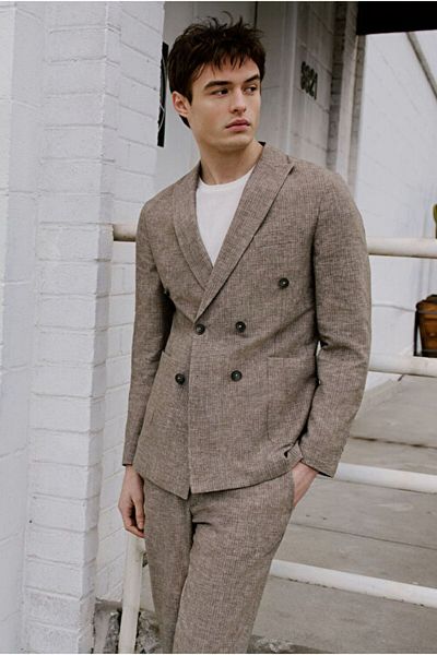AC&Co / Altınyıldız Classics Linen Slim Fit Slim Fit Swallow Collar Striped Bag Pocket Double Breasted Brown Suit