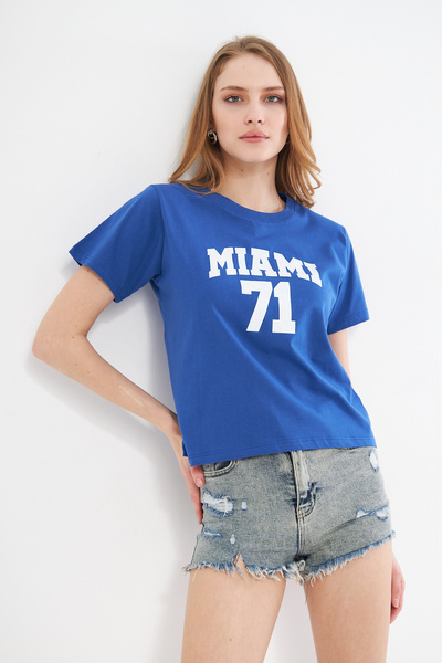 Miamı Süprem Crop T-shirt-baskılı Bisiklet Yaka Tişört