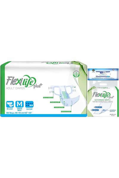 Flexi Life Adult Patient Diaper with Waist Band Textile Surface Medium 30 Pieces + Bed Protector + Towel