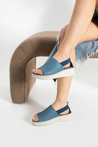 Getcho Sandale din piele albastră cu talpă groasă pentru femei Pancu – ortopedice, cu toc cu platformă, sandale cu curele flexibile