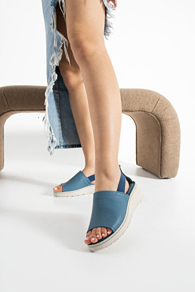 Getcho Pancu Women's Blue Thick Soled Leather Sandals – Orthopedic, Platform Heel, Flexible Strap Sandals