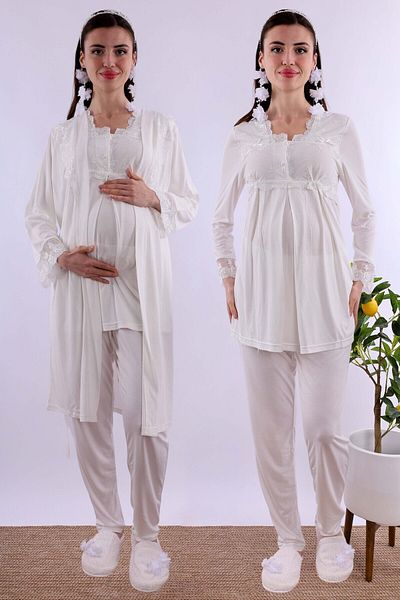 ByLohusa Effortt Ecru Maternity Pajama Set with Dressing Gown Byl 224012