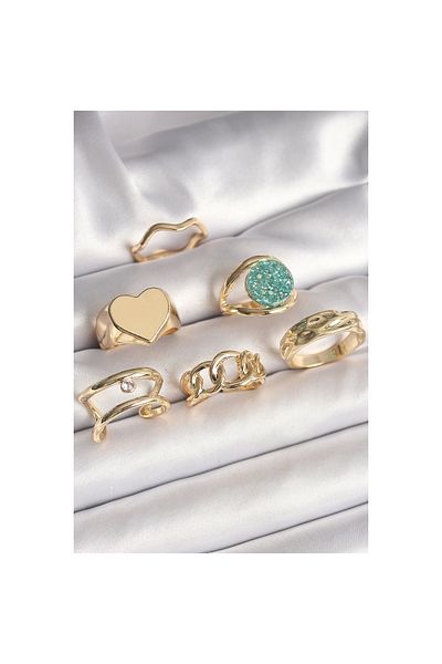 Marsilyan Brass Gold Color Zircon Stone Heart Plate Figure Blue Silvery Detail 6-Piece Women's Ring Set - Tj-Byk3637