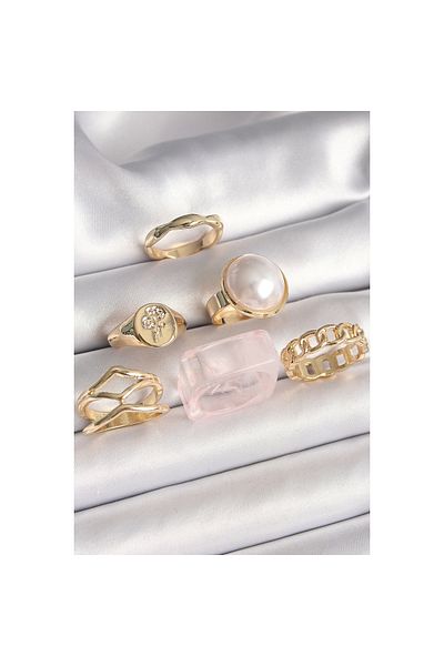 Marsilyan Brass Gold Color White Pearl Chain Ring Figure Engraved Detail Set of 6 Women's Rings - Tj-Byk3615