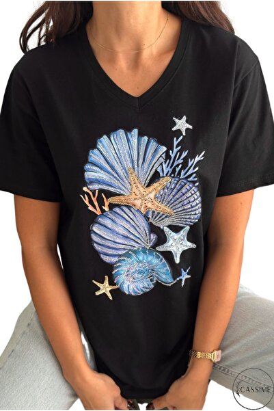 Cassime Tricou cu mânecă scurtă, 100% bumbac, brodat cu paiete, stea cu scoic...