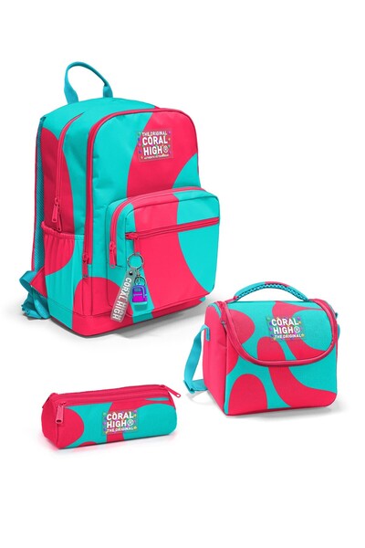 Coral High Neon Coral Turquoise Patterned 3-Piece School Bag Set Set0123685