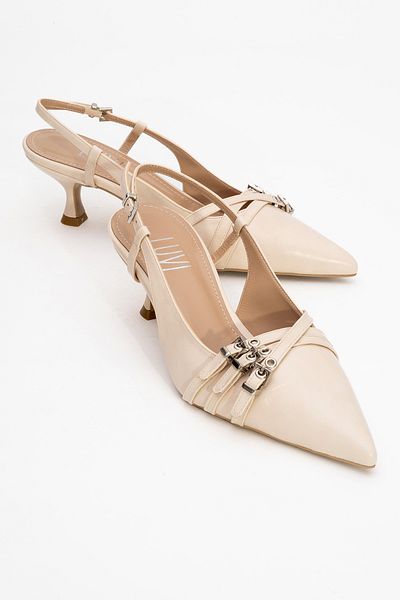 LuviShoes Woss Beige Skin Belt Detailed Women's Heeled Shoes