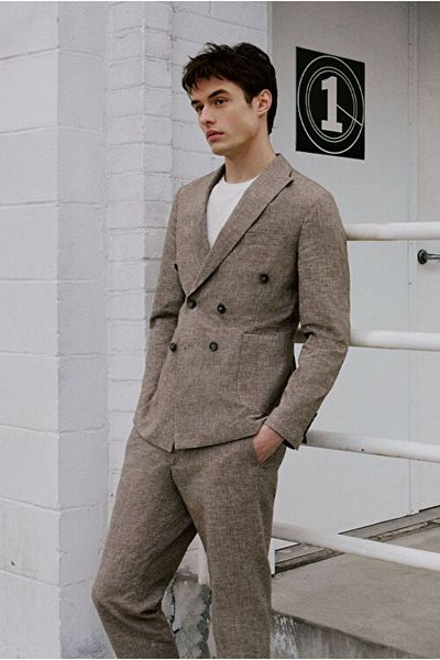 AC&Co / Altınyıldız Classics Linen Slim Fit Slim Fit Swallow Collar Striped Bag Pocket Double Breasted Brown Suit
