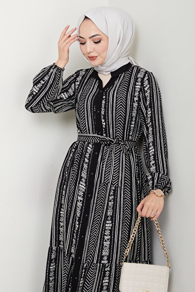 InStyle Renkli Patlı Desenli Siyah Viskon Elbise