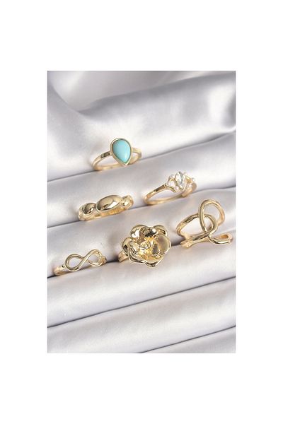 Marsilyan Brass Gold Color Flower Model Model Eternity Zircon Stone Detailed Set of 6 Women's Rings - Tj-Byk3612