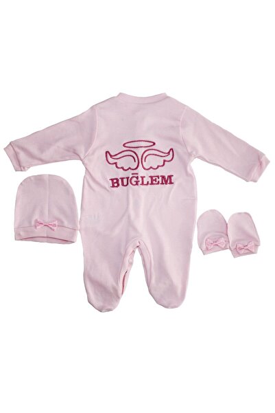 bebegen Kız Bebek Isme Özel Pembe Nakışlı Bereli Eldivenli Pembe Tulum