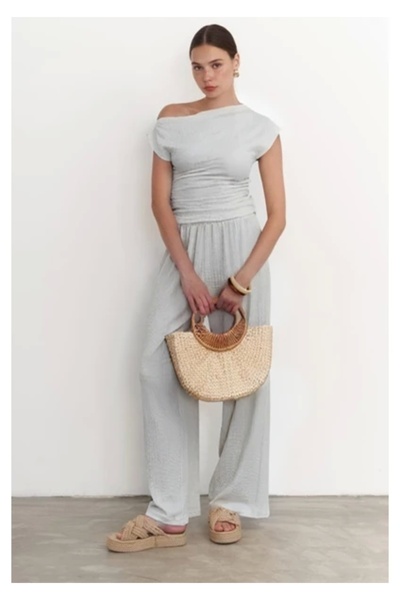 Akm Life Γκρι χρώμα Γυναικείο εποχιακό παντελόνι με φαρδιά μπατζάκια