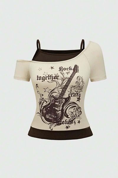 Köstebek Μπεζ Rock Together Καφέ κιθάρα με πρόσθετο λουράκι κοντό μανίκι ολόσωμο Crop