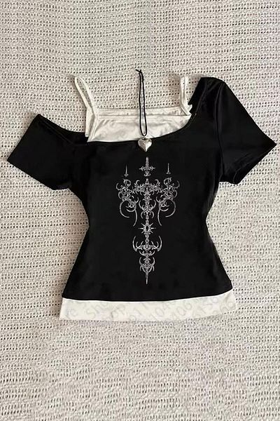 Köstebek Black Gothic Cross Pattern Madonna Collar Additional Strap Short Sleeve Full Body Crop