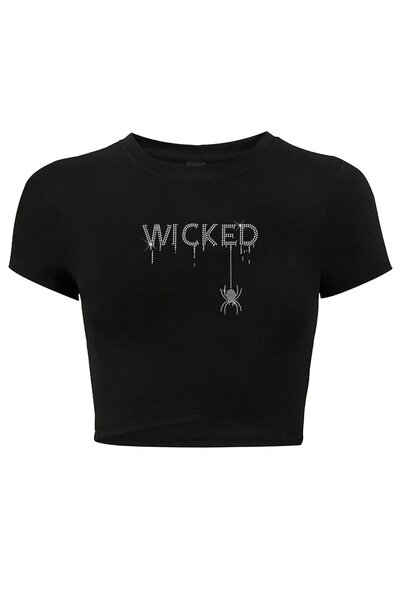 BRZ COLLECTION Kadın Kristal Taş Baskılı White Wicked Crop T-shirt Siyah