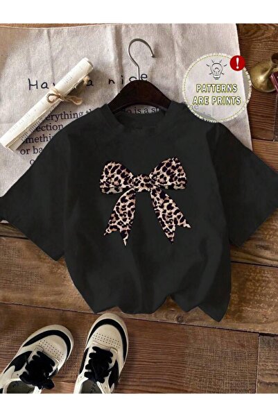 vinraus Μπλουζάκι με στάμπα με μαύρη λεοπάρ κορδέλα για κορίτσια/αγόρια