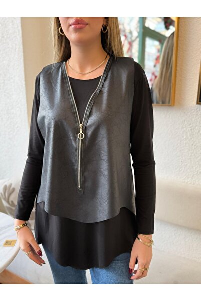 JANES Women's Long Sleeve Asymmetrical Cut Viscose Blouse and Cracked Leather Look Zipper Detailed Vest Double