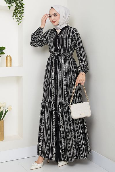 InStyle Μαύρο φόρεμα βισκόζης με πολύχρωμο σχέδιο με πατιλέτα