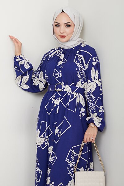 InStyle Flower and Figure Pattern Navy Blue Viscose Dress