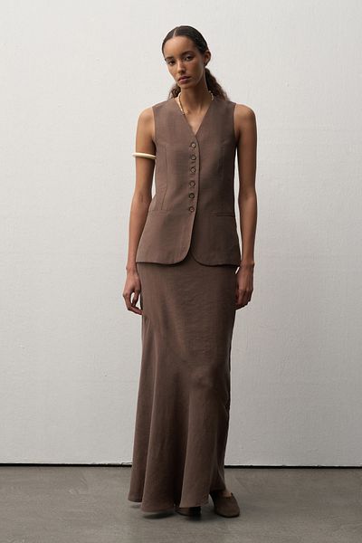 mathilda store Fusta Midi lungă de damă Bitter Brown - Luciano modernă cu talie înaltă și fermoar lateral