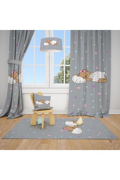 Talia Home Starry Cute Teddy Bear Patterned Children's and Baby's Room Background Curtain 2 Wings Tla-243