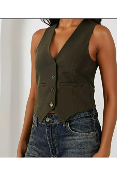 hazelin Women's Khaki Buttoned Lined Vest Hzl25S-Bd 167961