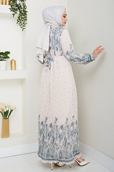 InStyle Green Chiffon Dress with Patterned Sleeves and Pleated Body