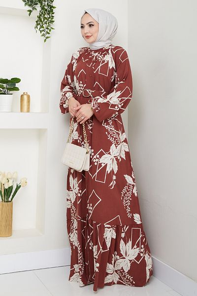 InStyle Flower and Shape Patterned Tile Viscose Dress