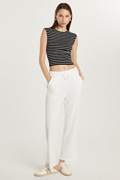 Tudors Women's Regular Fit Elastic Waist Tie High Waist Wide Leg Ecru Trousers