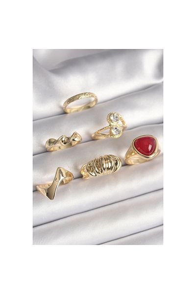 Marsilyan Brass Gold Color Spiral Mode Zircon Stone Spiral Detail 6-Piece Women's Ring Set - Tj-Byk3617