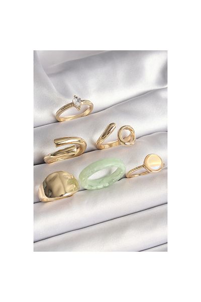 Marsilyan Brass Gold Color Zircon Stone Processing Plate Figured White Circle Enamel Detailed 6-Piece Women's Ring Set -
