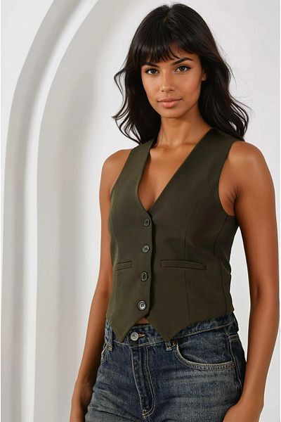 hazelin Women's Khaki Buttoned Lined Vest Hzl25S-Bd 167961