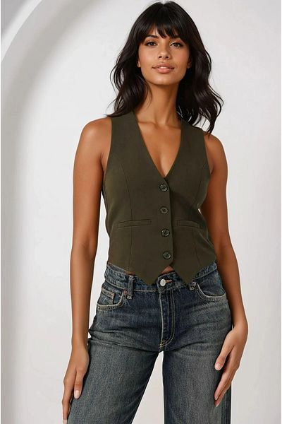 hazelin Women's Khaki Buttoned Lined Vest Hzl25S-Bd 167961