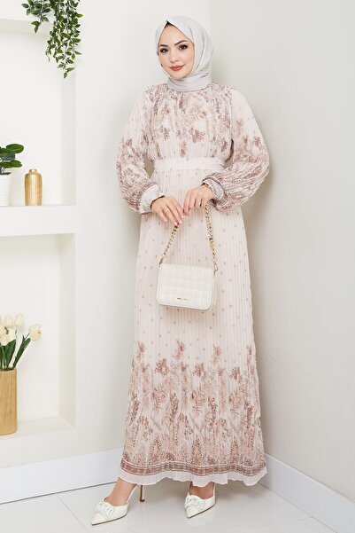 InStyle Kolları Desen Boydan Piliseli Kahverengi Şifon Elbise