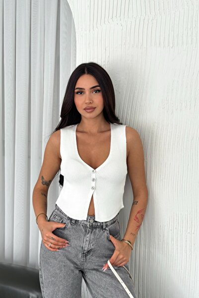 FEMELLE Women's White Standard Size Buttoned Sleeveless 100% Cotton Knitwear Blouse