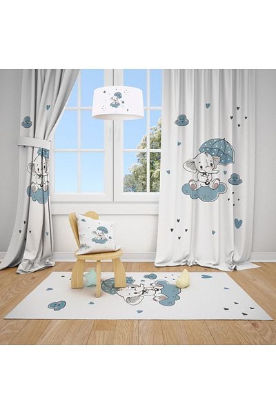 Talia Home Umbrella Elephant Patterned Children's and Baby's Room Background Curtain 2 Wings Tla-269