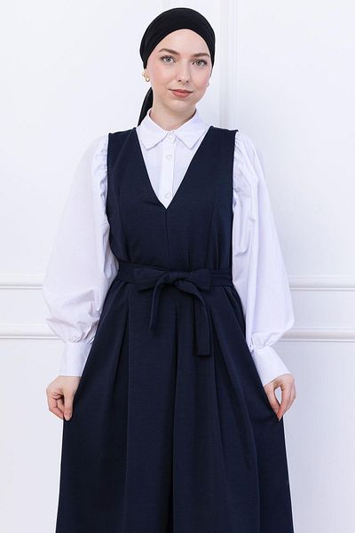 hafsamina Πλεκτό φόρεμα Gilet με ζωνάκι Navy Blue HM2736