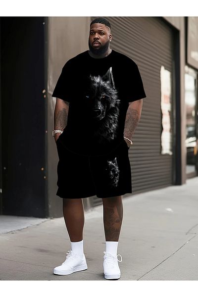 ACTIVE MODA - Men's Wolf Printed Short Sleeve Tshirt-Shorts 2-Piece Set Large Size Cotton
