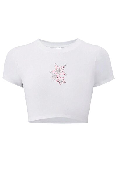 BRZ COLLECTION Kadın Renkli Yıldız Kristal Taş Baskılı Crop T-shirt Beyaz