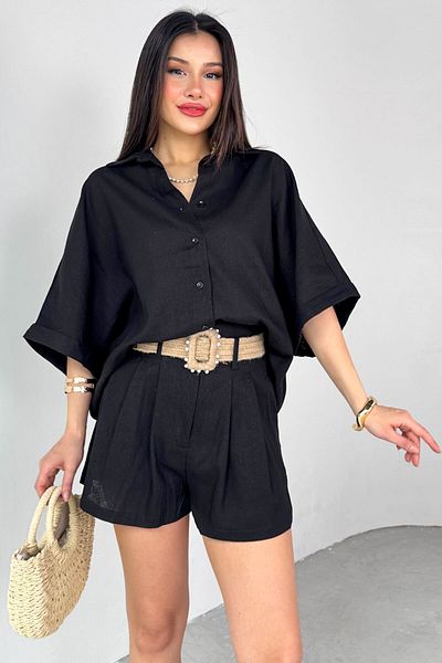 Cappmoda Tkm-51036 Black Shirt Straw Belt Shorts Double Set