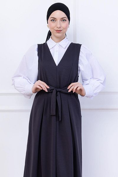 hafsamina Belted Pleated Knitted Gilet Dress Anthracite Hm2736