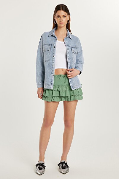 Tudors Kadın Regular Fit %100 Pamuk Düz Yeşil Etek