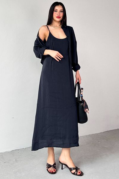 Cappmoda TKM-51153 طقم قميص وقميص أسود بحزام مزدوج
