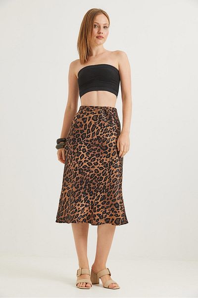 Raneel Kazançlı Alışveriş Elastic Waist Midi Length Satin Skirt Leopard