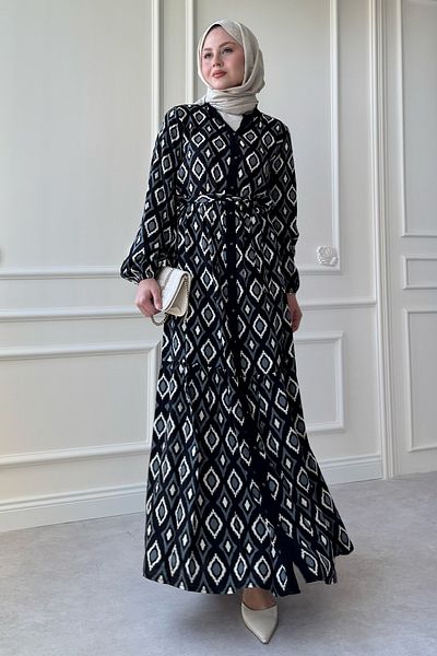 InStyle Triangle Pattern Marbled Viscose Black Dress