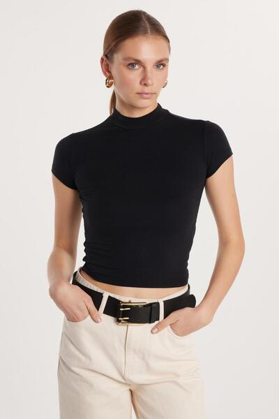 Tudors Kadın Modal Kumaş Slim Fit Dar Kesim Dik Yaka Siyah Bluz