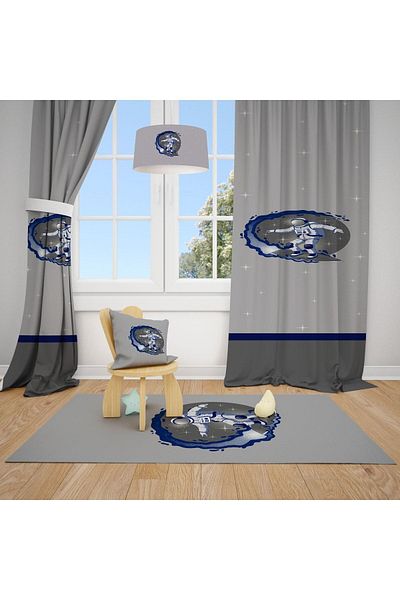 Talia Home Gray Space Astronaut Patterned Children's and Baby's Room Background Curtain 2 Wings Tla-233