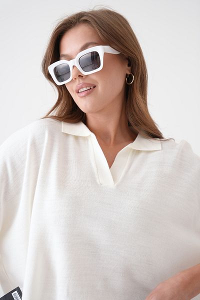 barış sülün lovebox Women's Polo Neck Low Sleeve Design Oversize Crop White Knitwear Blouse 002